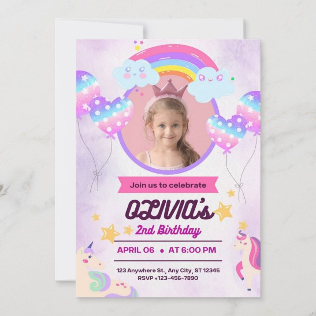 Little Girl Birthday Unicorn Party Inbjudningar (Framsida)