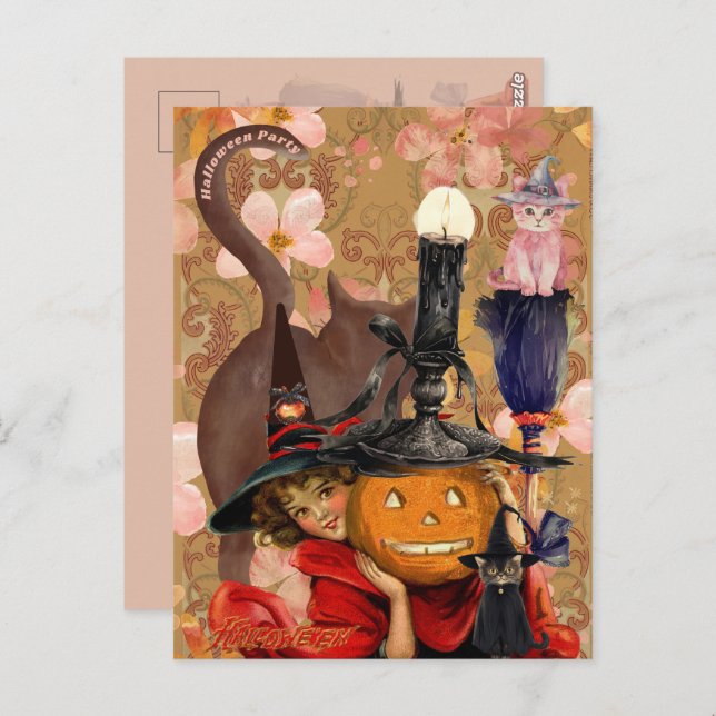 Little Girl Black Cat Pumpkin Vintage Vykort (Fram/baksida)
