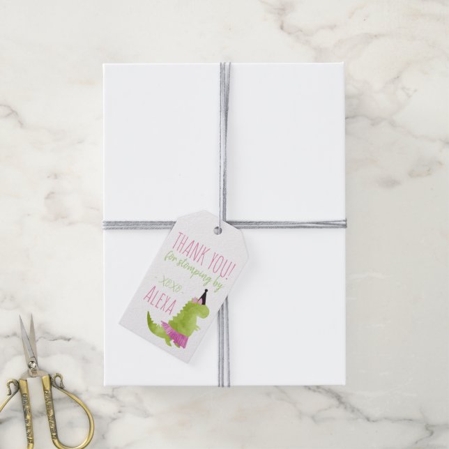 Little Girl Dinosaur Tutu Rosa Grönt Birthday Dino Presentetikett (Med Snöre)