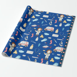 Little Girl Doktor Medical Mönster med Namn, Blue Presentpapper