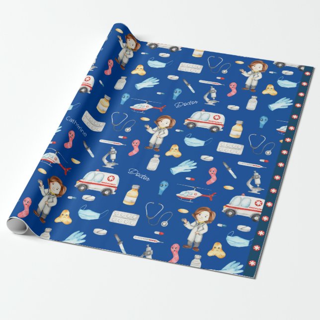Little Girl Doktor Medical Mönster med Namn, Blue Presentpapper (Utrullad)