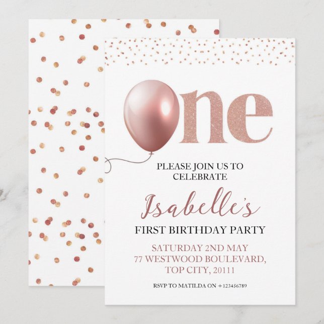 Little Girl First Birthday Ro Guld Rosa Glitter Inbjudningar (Fram/baksida)