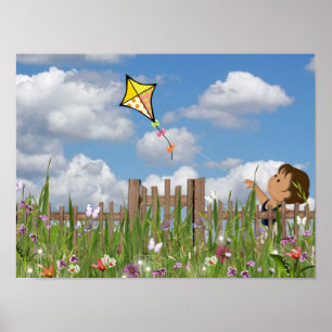 Little Girl Flies A Kite Poster