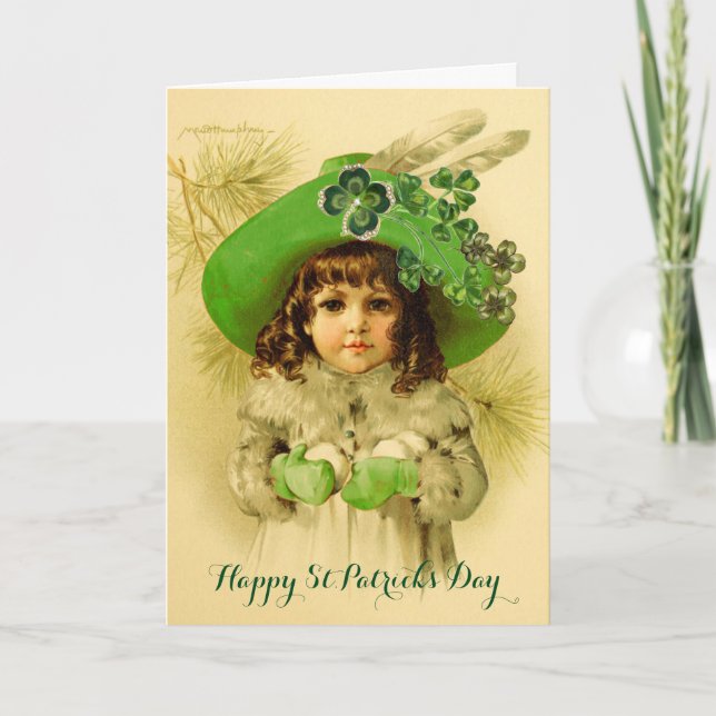 Little Girl,Grönt Hat,Shamrocks,St patrick's day Helgkort (Framsida)