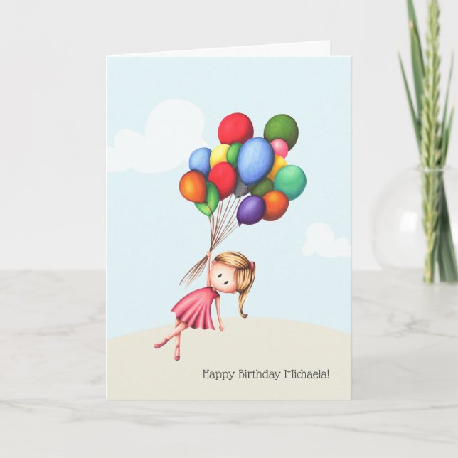 Little Girl holding Big Balloth Birthday Kort (Framsida)