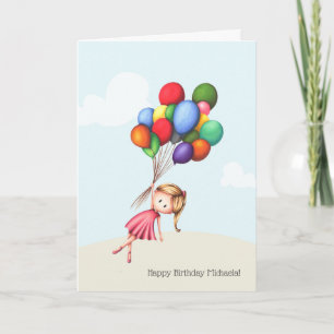 Little Girl holding Big Balloth Birthday Kort
