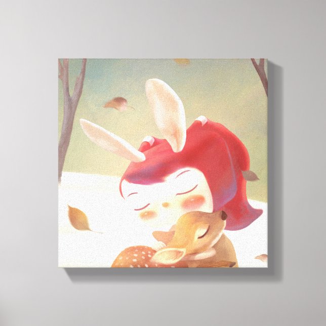 Little Girl Hugger Hjort Canvastryck (Framsida)