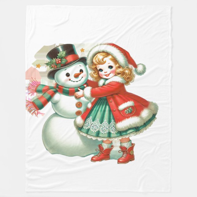 Little Girl Hugs Her Snögubbe Fleecefilt (Framsidan)