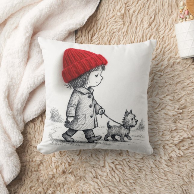 Little Girl In 3-D Red Hat Walking Her Dog Kudde (Filt)