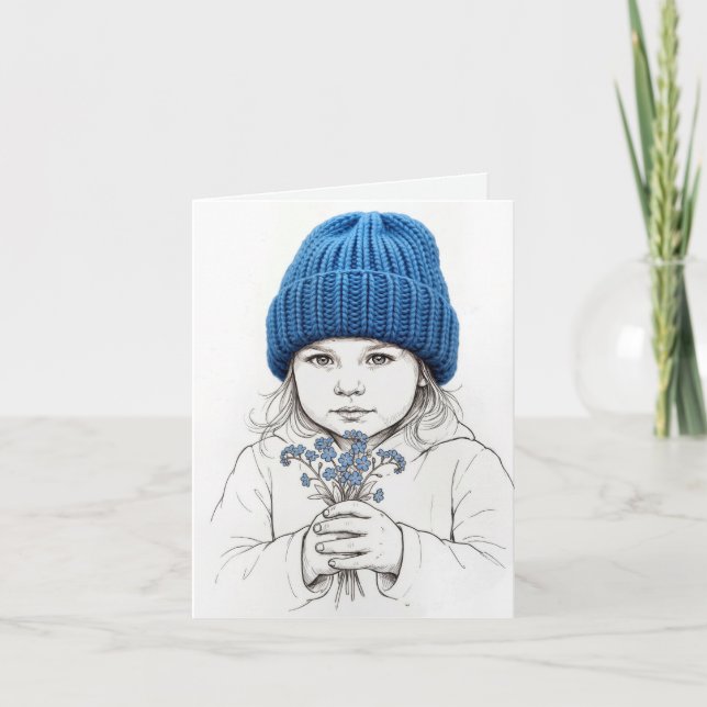 Little Girl In a Blue Knit Hat Tack Kort (Framsida)