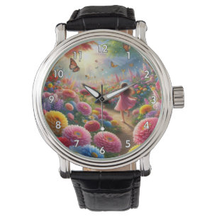 Little Girl in a Fält of Flowers and Butterflies Armbandsur