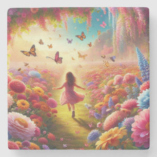 Little Girl in a Fält of Flowers and Butterflies Stenunderlägg