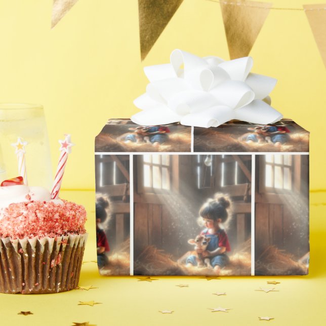 Little Girl in Barn with Calf Presentpapper (Födelsedagsfest)