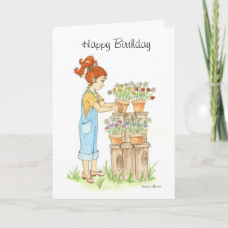 Little Girl in Garden Birthday Card Kort