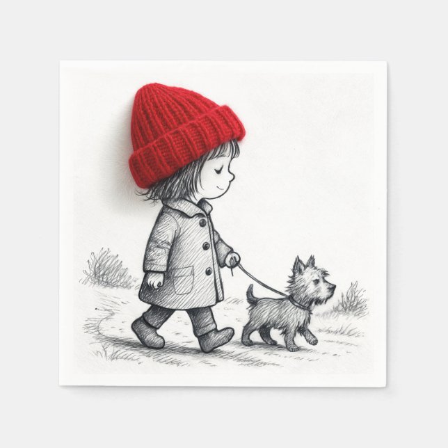 Little Girl In Red Hat Walking Her Dog Pappersservett (Framsidan)