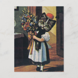 Little Girl Kitten with Flowers Vykort