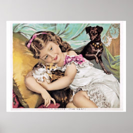 Little Girl, Kittens och Dachshund Hund, Vintage Poster