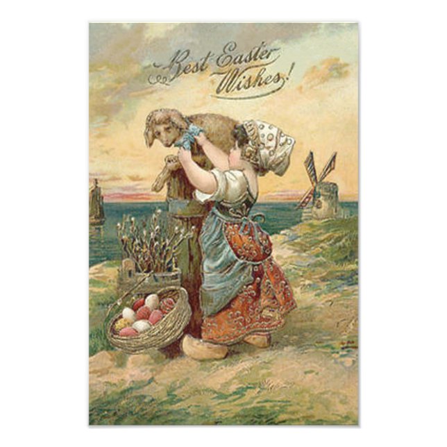 Little Girl Kvarn Påskägg Lamb Fototryck (Framsidan)