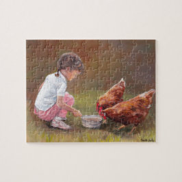 Little Girl Matande Chickens Original Art Puzzle;e Pussel