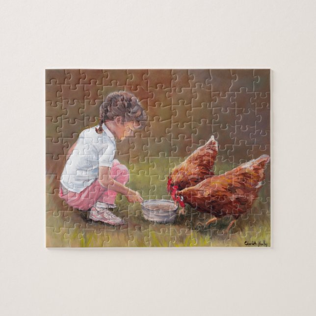 Little Girl Matande Chickens Original Art Puzzle;e Pussel (Horisontell)