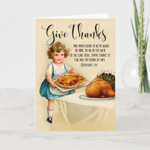 Little Girl med Paj och Turkiet för Thanksgiving Kort