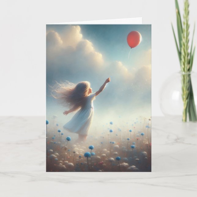 Little Girl med Red Balloon tänker på dig Kort (Framsida)