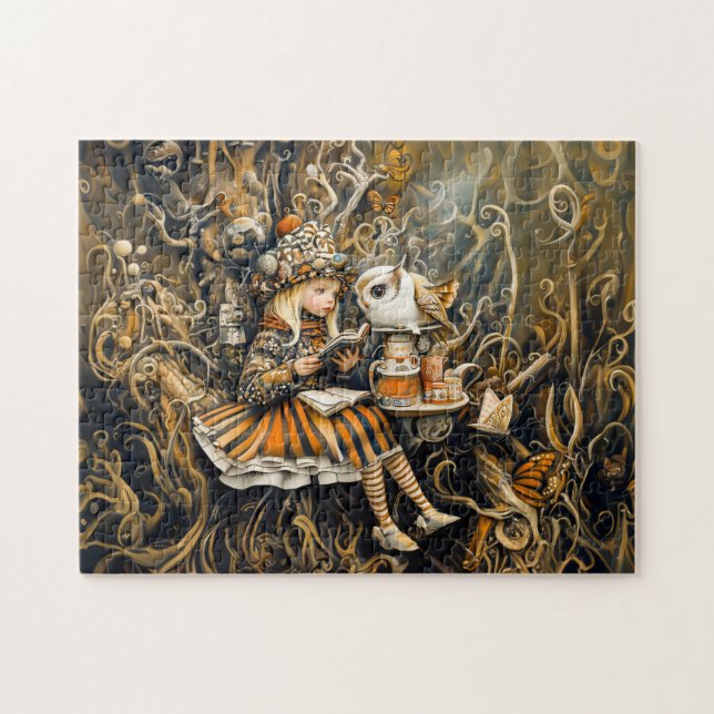 Little Girl med Uggla i ett Träd Root House Pussel (Horisontell)