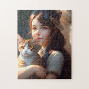 LITTLE GIRL OCH CAT ART JIGSAW PUZZZLE PUSSEL