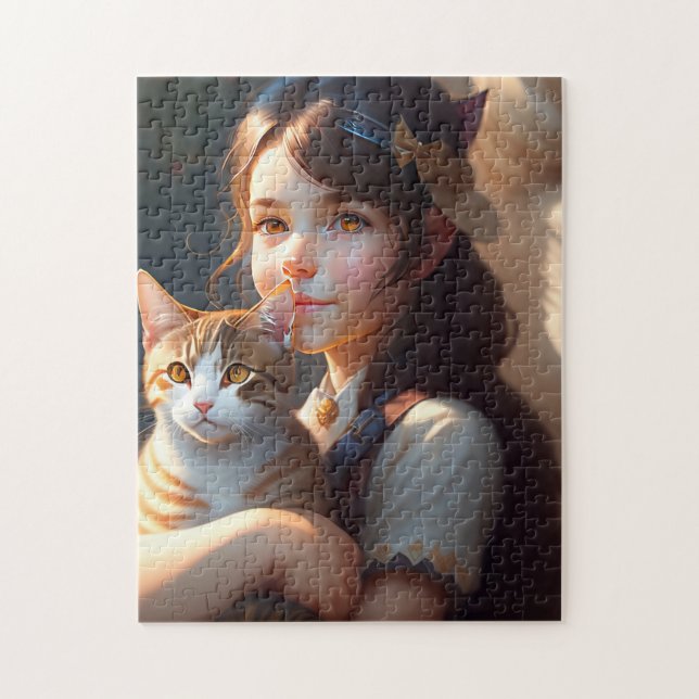 LITTLE GIRL OCH CAT ART JIGSAW PUZZZLE PUSSEL (Vertikal)
