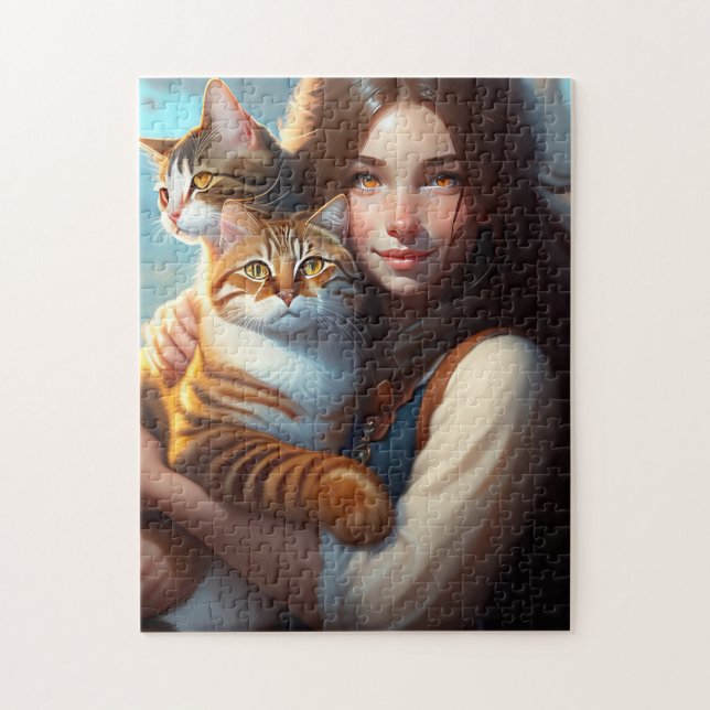 LITTLE GIRL OCH CATS ART CAT JIGSAW PUZZZLE PUSSEL (Vertikal)