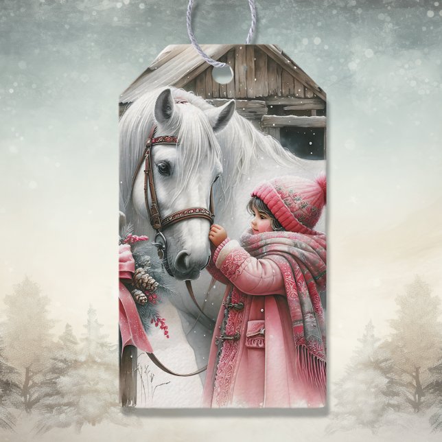 Little Girl och hennes Horse Rustic-jul Presentetikett (Skapare uppladdad)