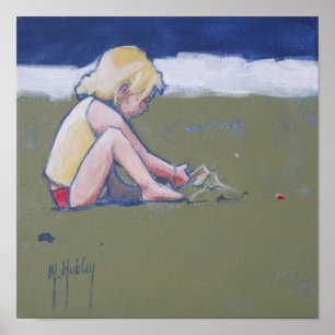 Little Girl på Beach spelar i Sand Poster