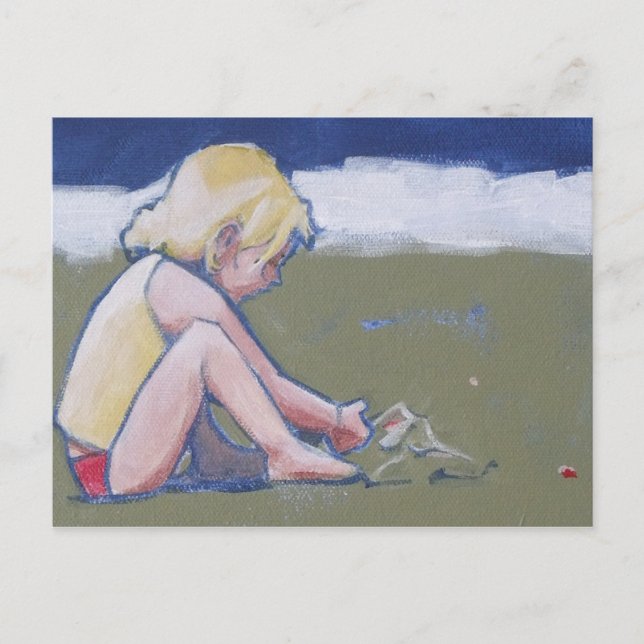 Little Girl på Beach spelar i Sand Vykort (Framsida)