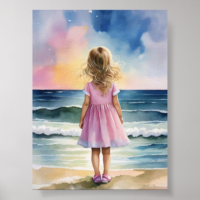Little Girl på Beach Watercolor Wall Art Poster (Framsidan)
