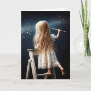 Little Girl på en stege Painting Stars Kort