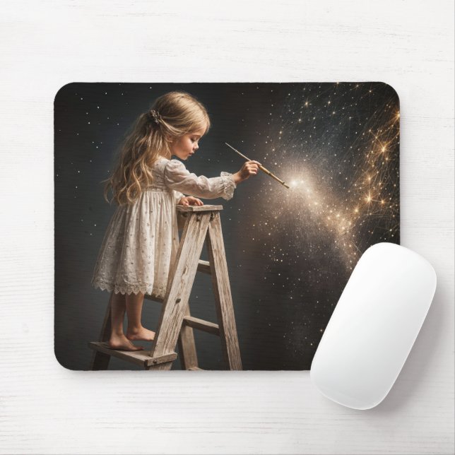 Little Girl Painting Night Stars Musmatta (Med mus)