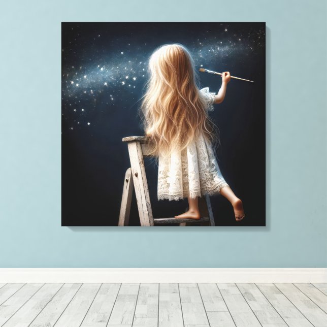 Little Girl Painting Stars i Night Himmel Canvastryck (Insitu (trägolv))