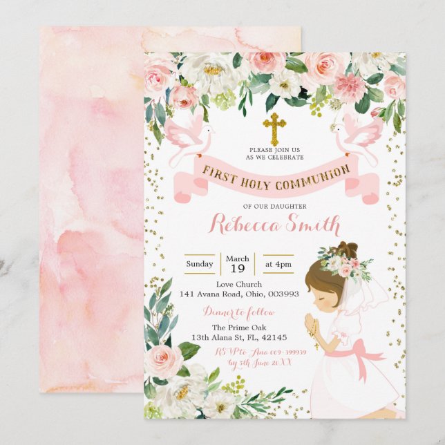 Little Girl Praying Blommigt First Heliga Communio Inbjudningar (Fram/baksida)
