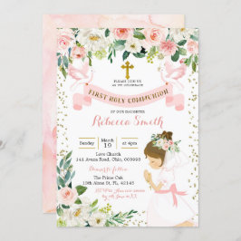 Little Girl Praying Blommigt First Heliga Communio Inbjudningar