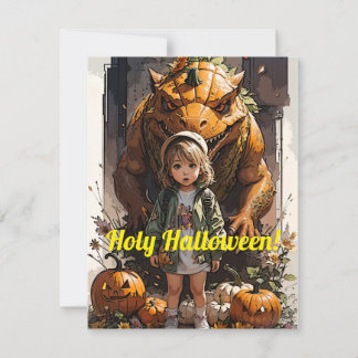 Little Girl Pumpkin Goblin Dinosaur Julkort