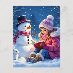 Little Girl Reading a Story to a Snögubbe jul Helg Vykort