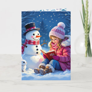 Little Girl Reading a Story to a Snögubbe jul Helgkort