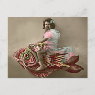 Little Girl Riding a Fish Vykort