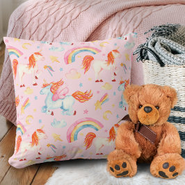 Little Girl Rosa Unicorn Mönster med First Namn Kudde