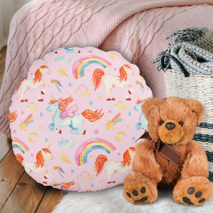Little Girl Rosa Unicorn Mönster med First Namn Rund Kudde