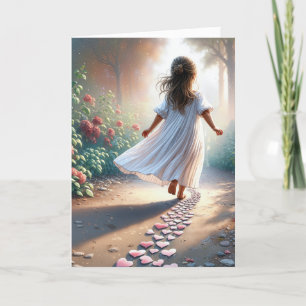 Little Girl Rundown a Rosa Heart Väg Kort