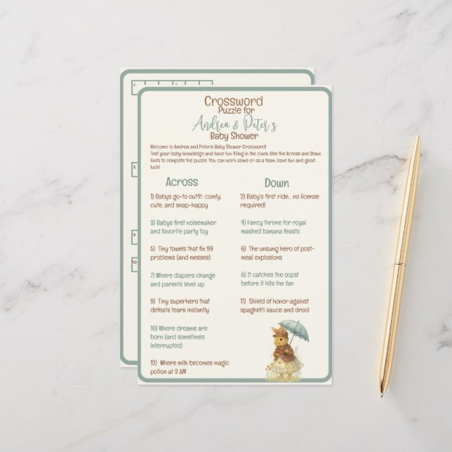 Little Girl Rustic Bunny Baby Shower Crossword (Fram/Back In Situ)