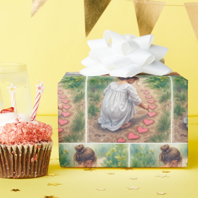 Little Girl Skapar Heart Garden Väg Presentpapper (Födelsedagsfest)