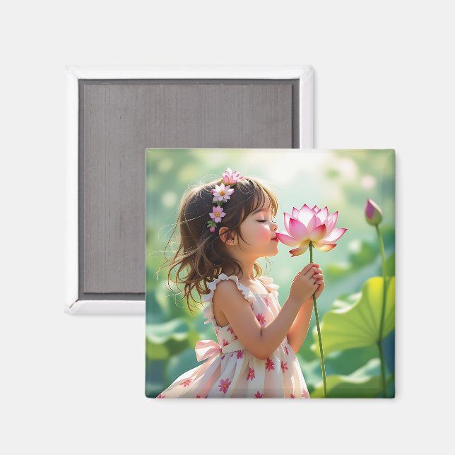 Little Girl Smelling a Pink Rose Personalized Magnet (Front/Back)