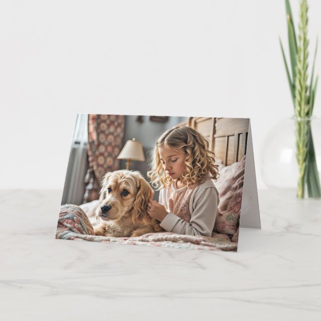 Little Girl som bönar med Hund Kort (Framsida)